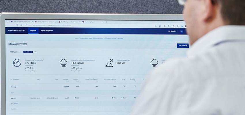 A man observes a computer screen featuring a comprehensive dashboard