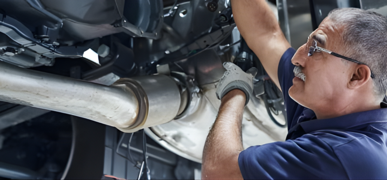 A man repairs a vehicle's exhaust pipe
