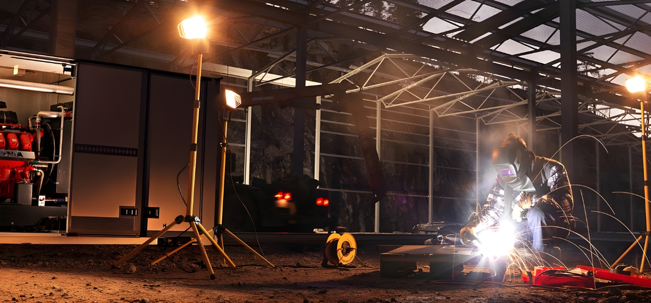A man welding in a factory at night, working on a Scania power generation system.