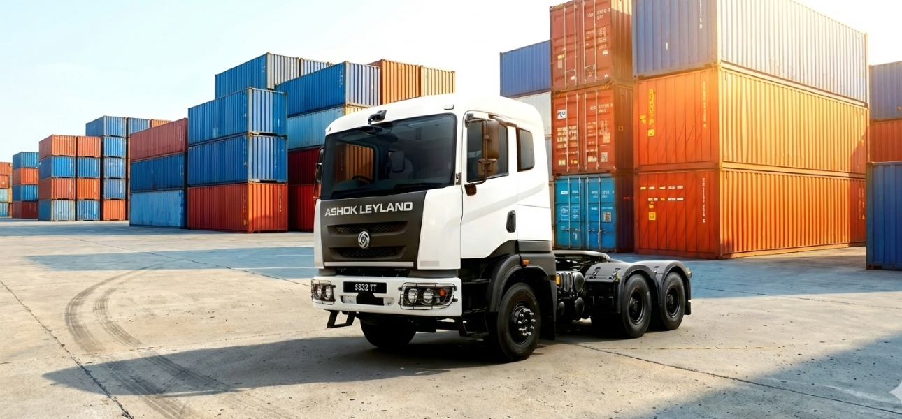 A large Ashok Leyland Captain truck with a sizable container positioned in front of it