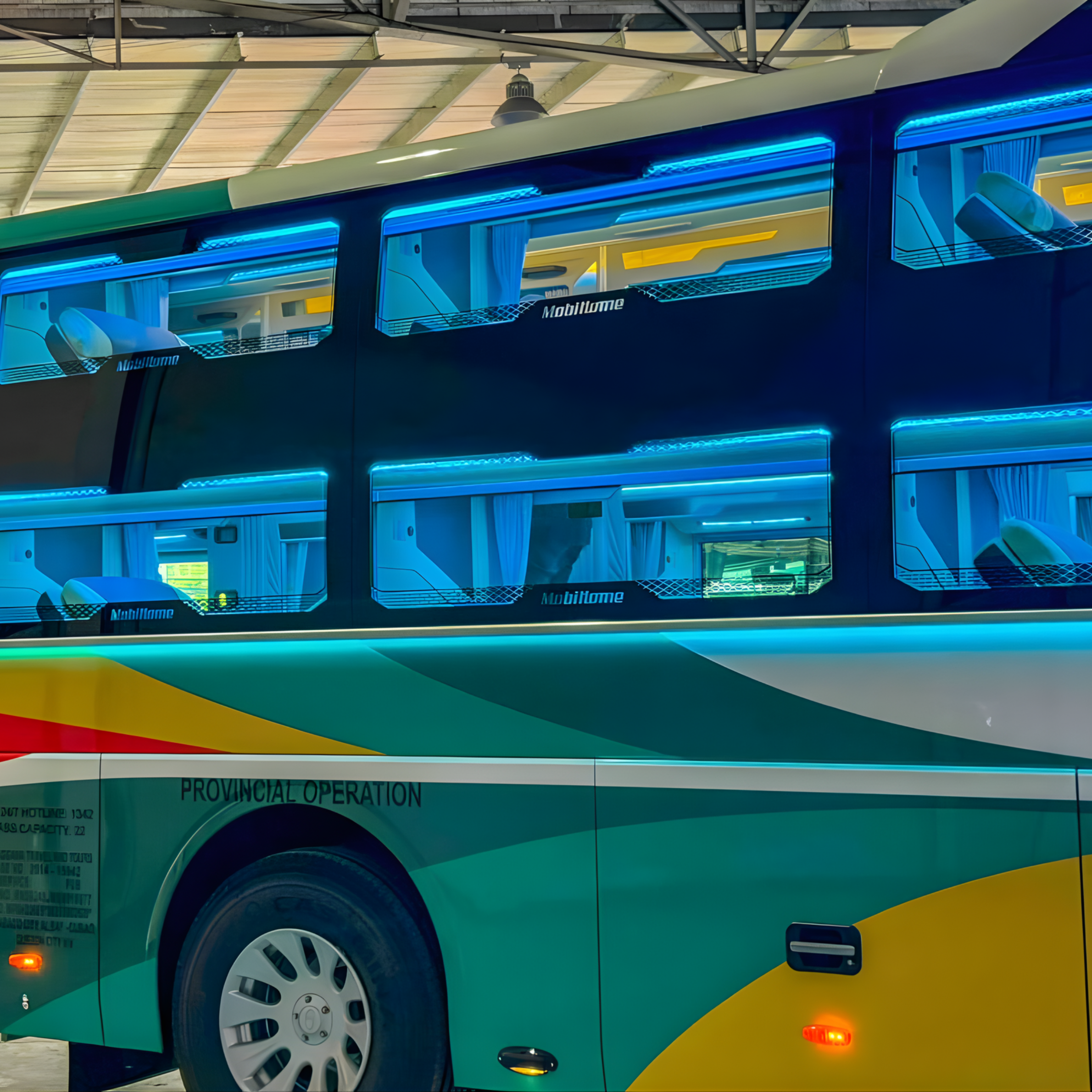 A Cagsawa bus adorned with vibrant, colorful lights along its side