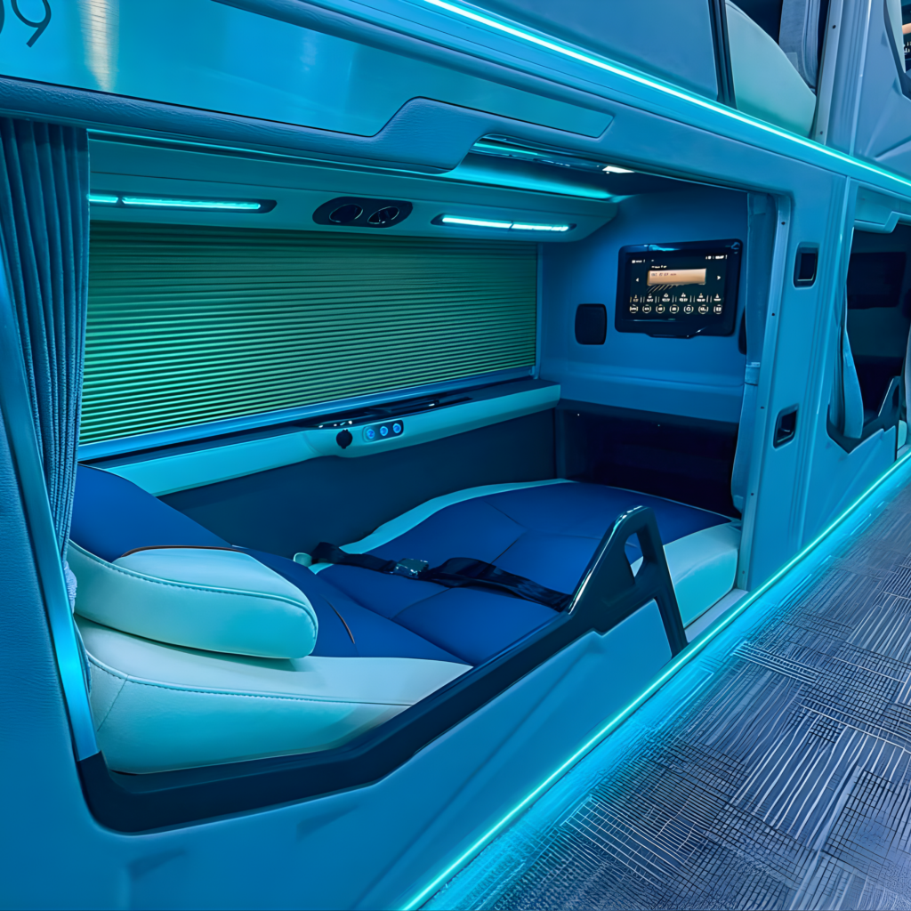 Interior of a Cagsawa bus illuminated by blue lights