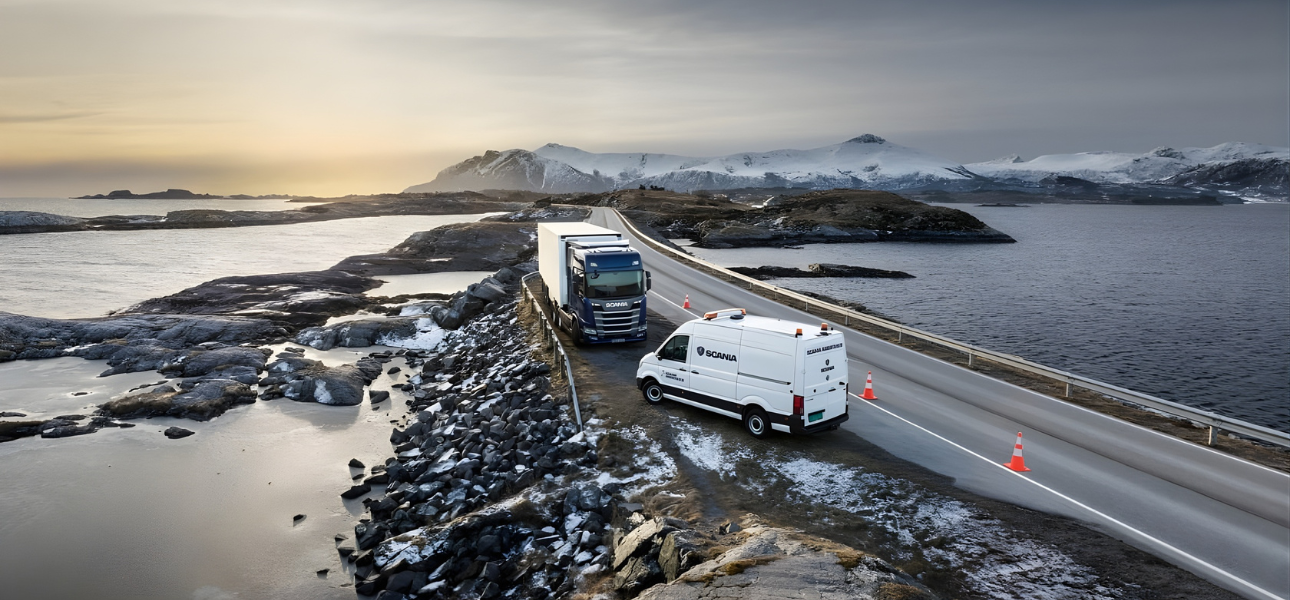 A Scania truck drives along a coastal road with the ocean.
