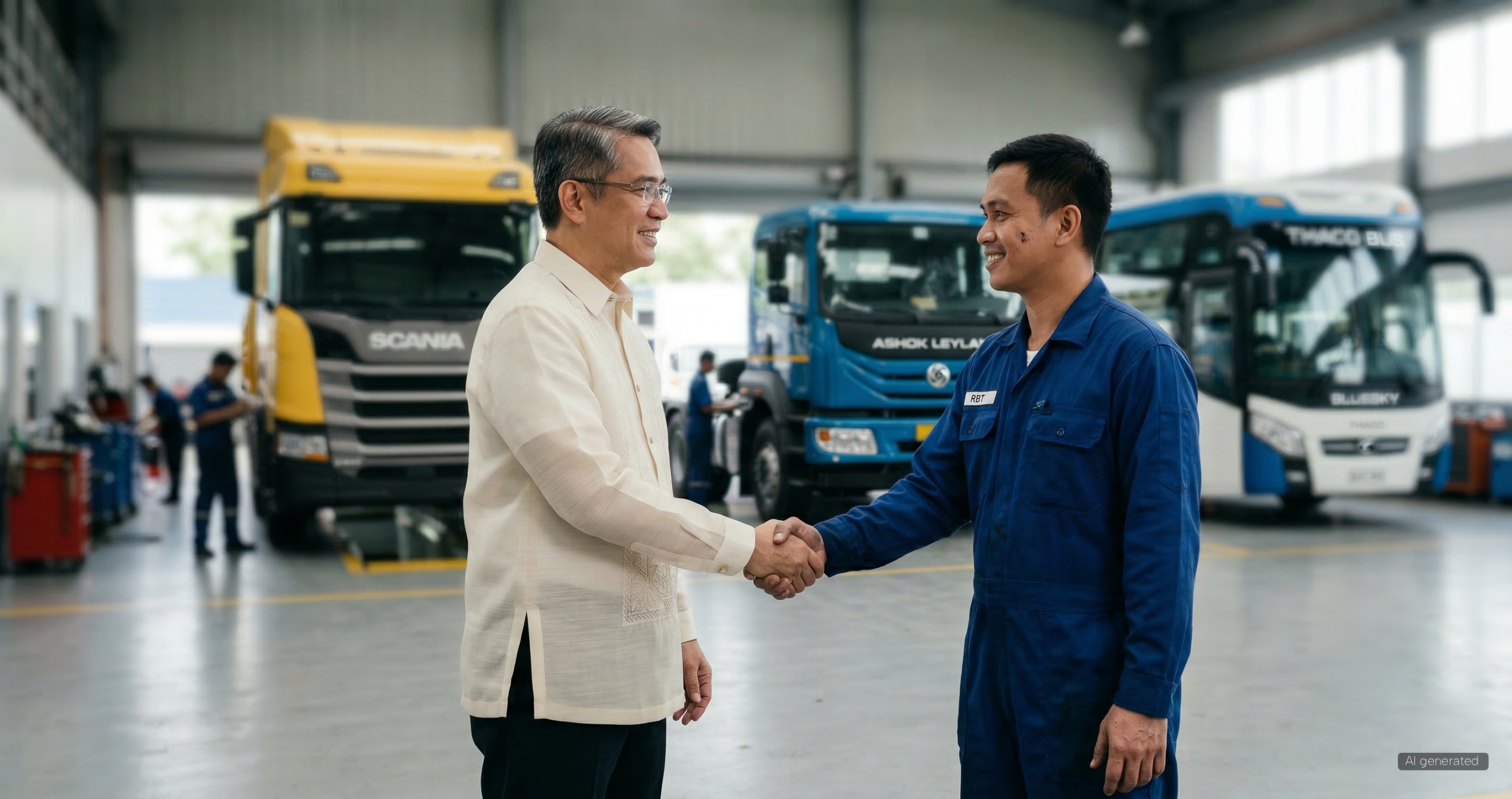Fleet owner and mechanic shaking hands