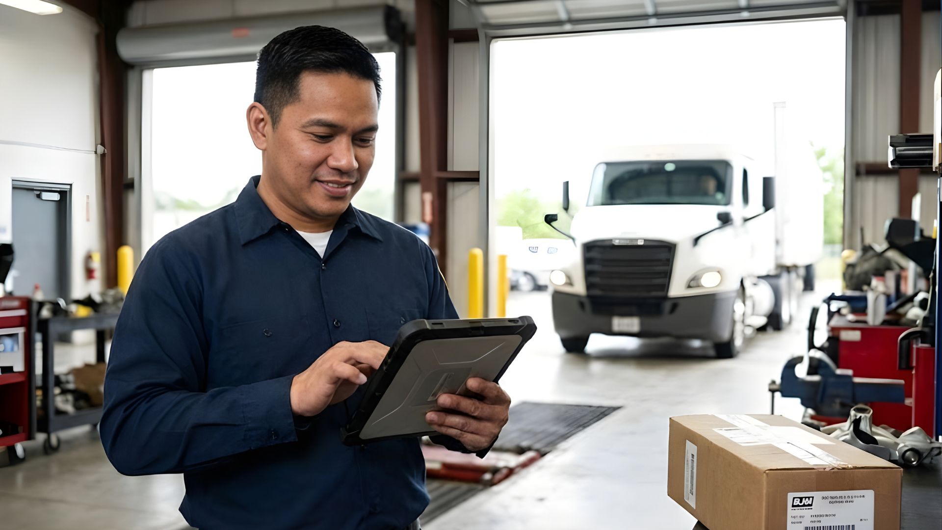A man in a blue shirt holds a tablet, looking focused and engaged with the device.