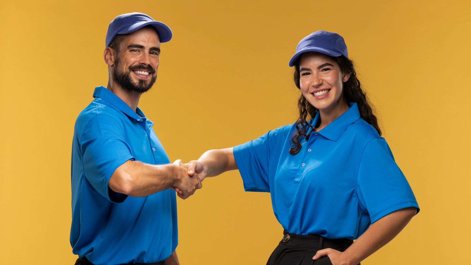 A man and woman in blue shirts shaking hands in a professional setting.