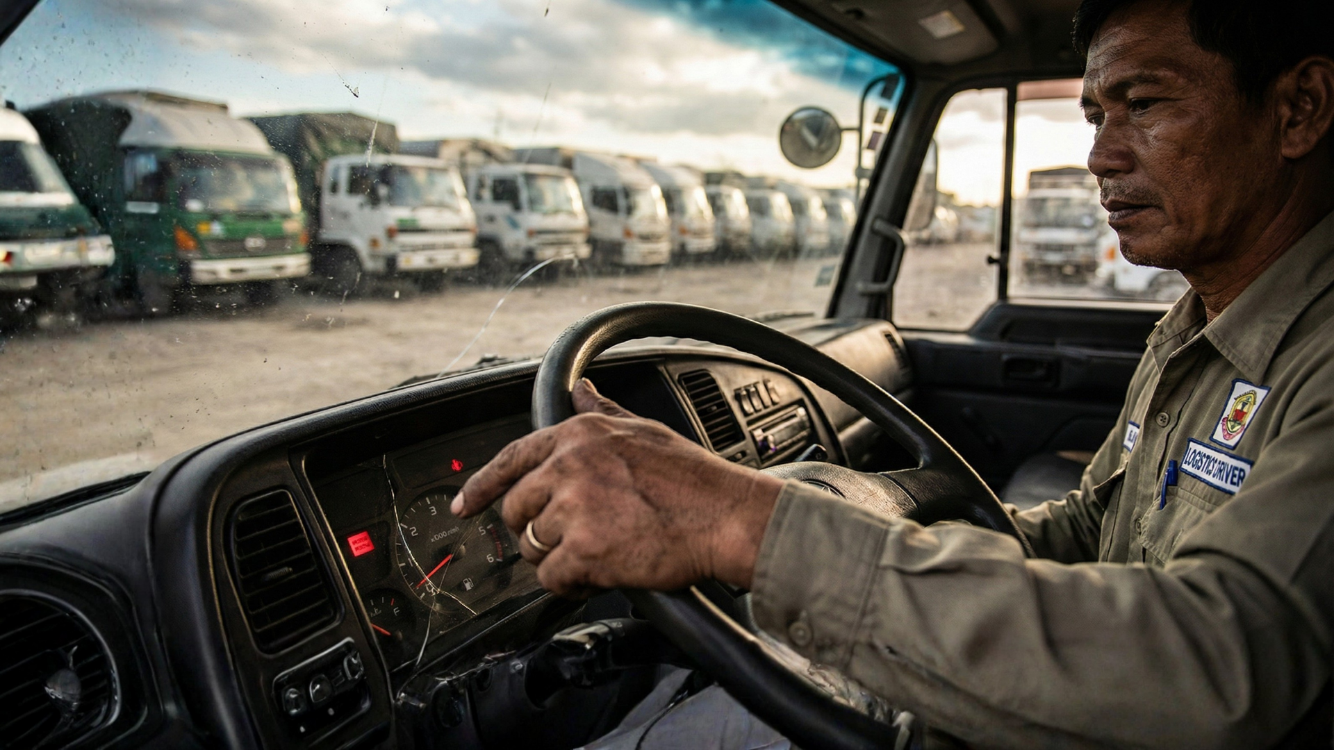 Safety driver pointing at truck dashboard metrics to reduce fleet fuel costs.