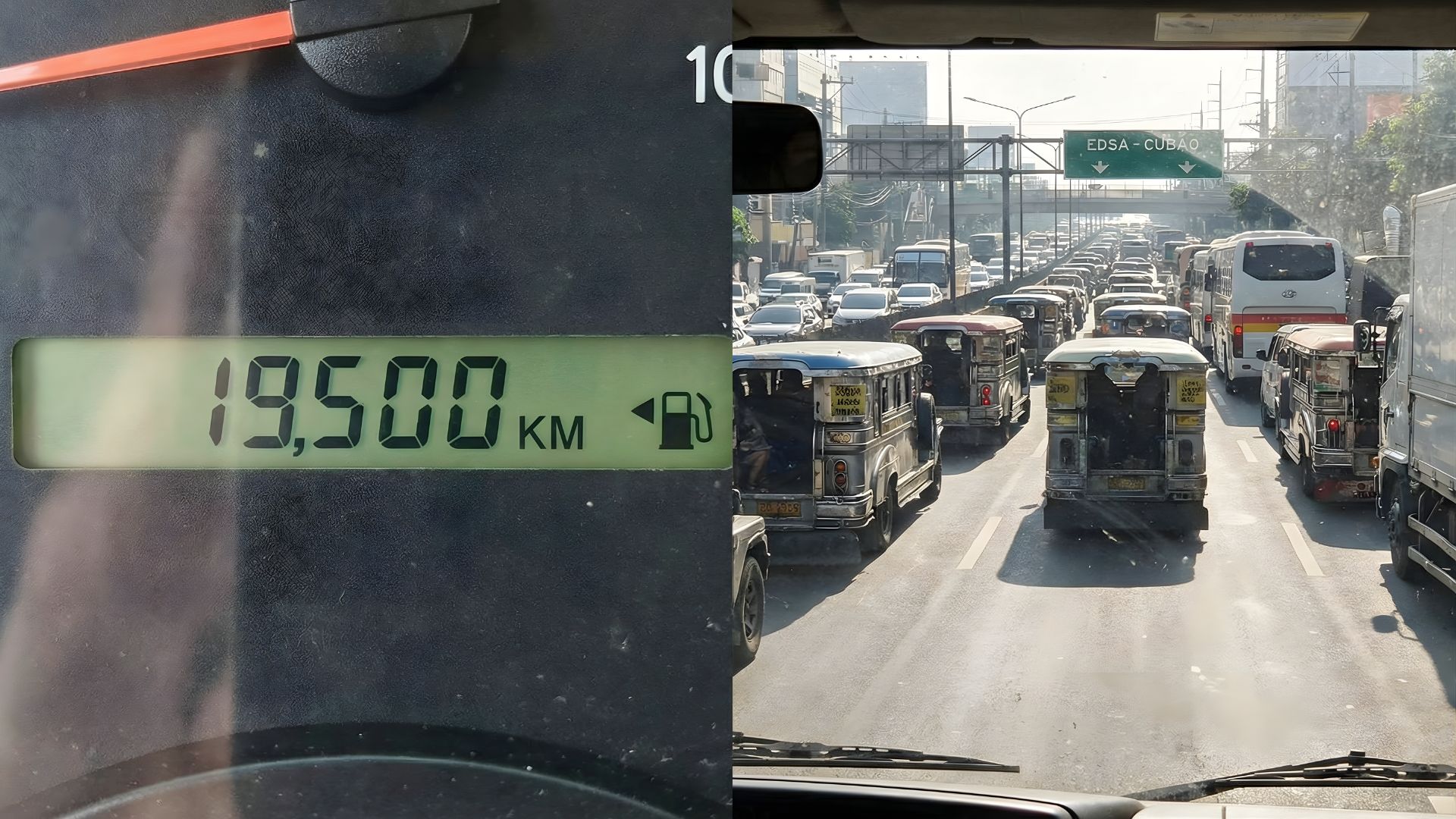 A traffic jam with numerous cars and a fuel meter visible on the side of the road.