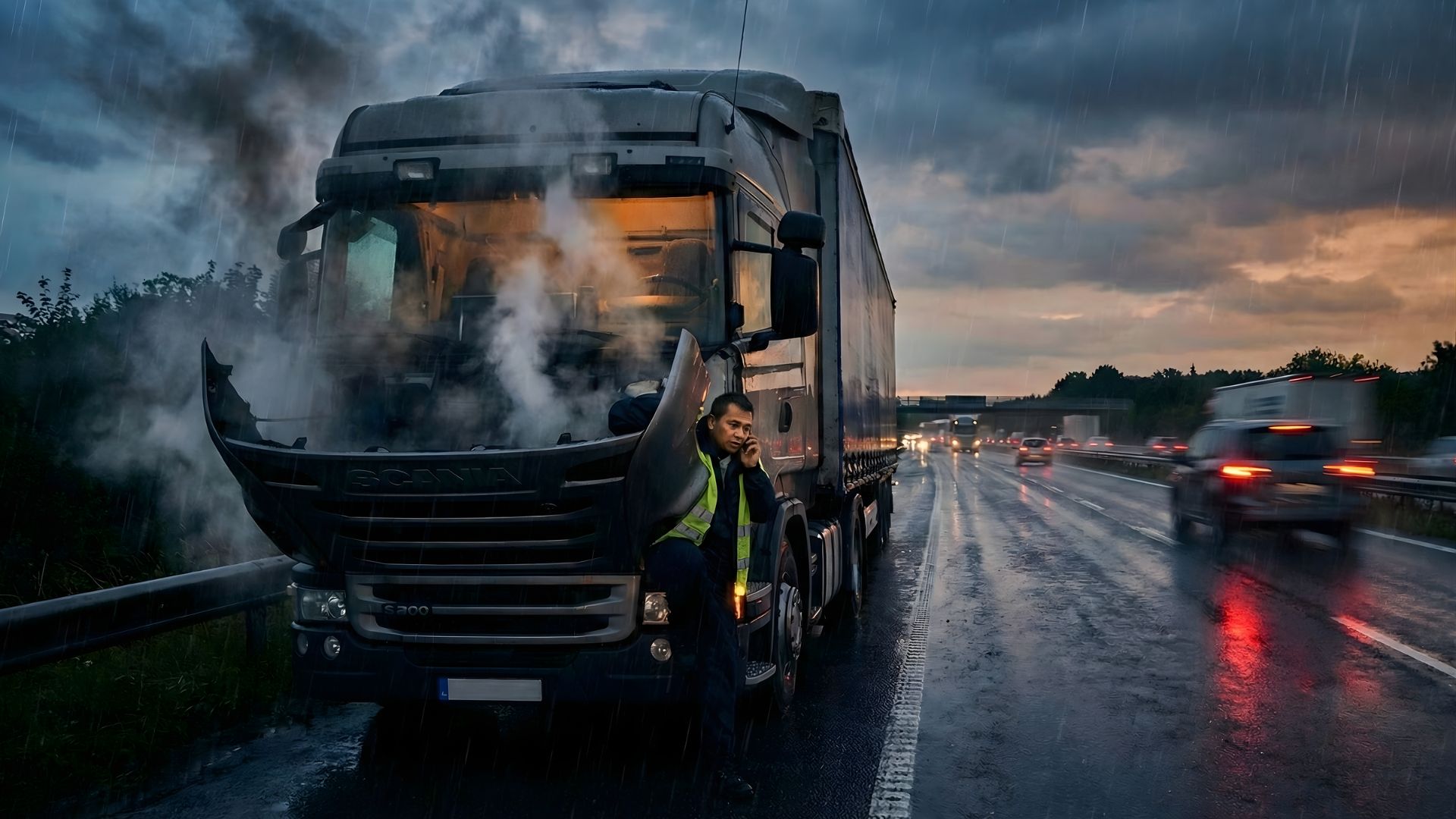 A commercial truck was stranded on the shoulder of a busy highway at dusk.