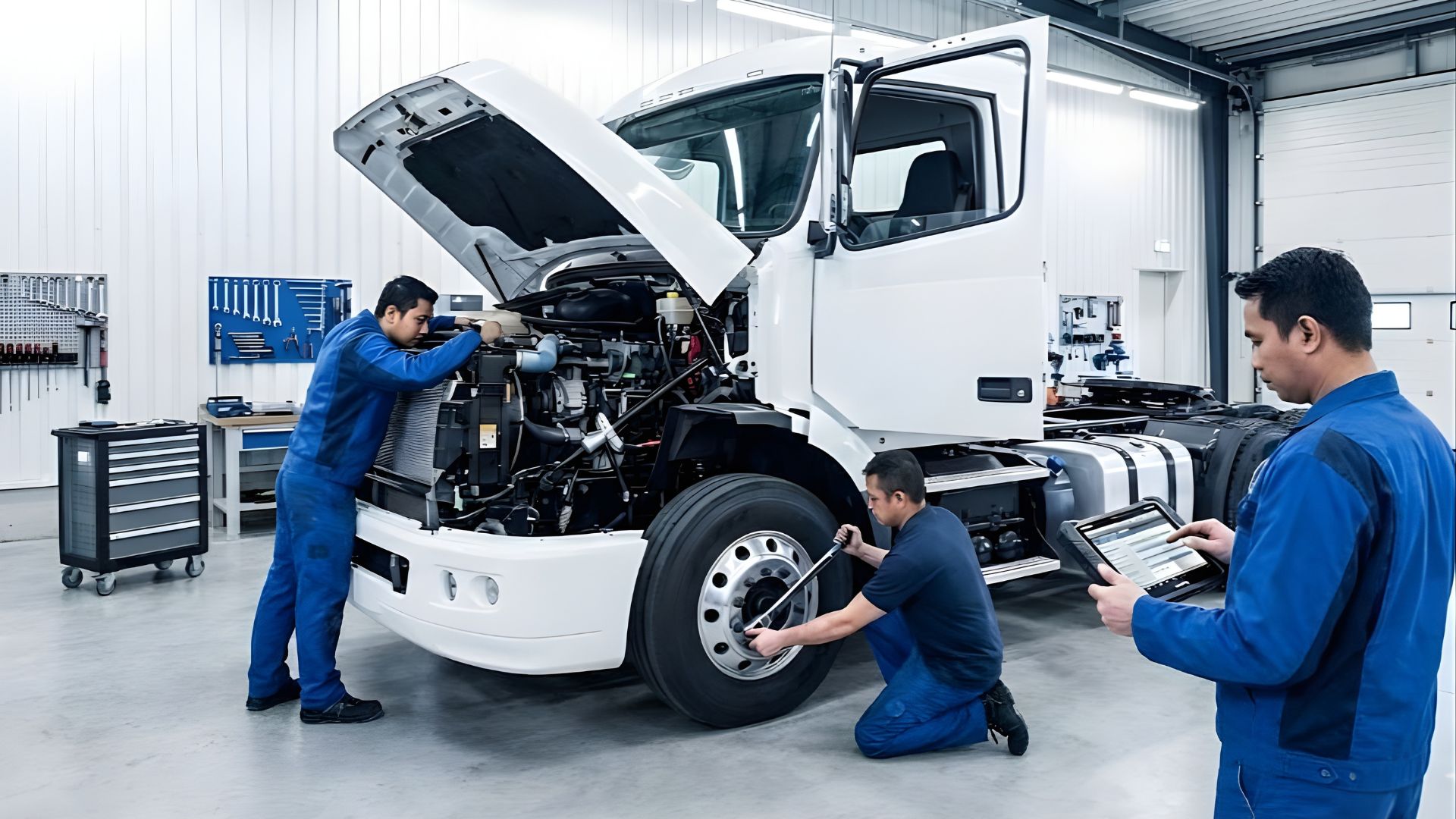 Three men wearing blue overalls are working together on a truck in a workshop.