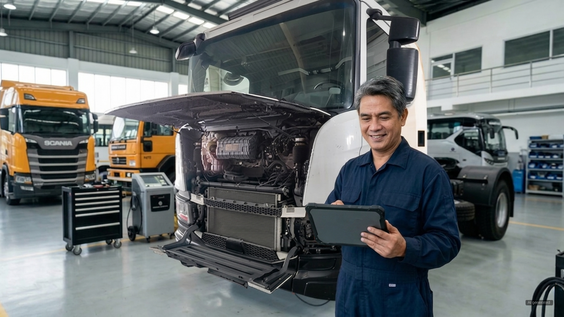 A mechanic in a blue jumpsuit smiles while doing the total cost of ownership on his tablet.