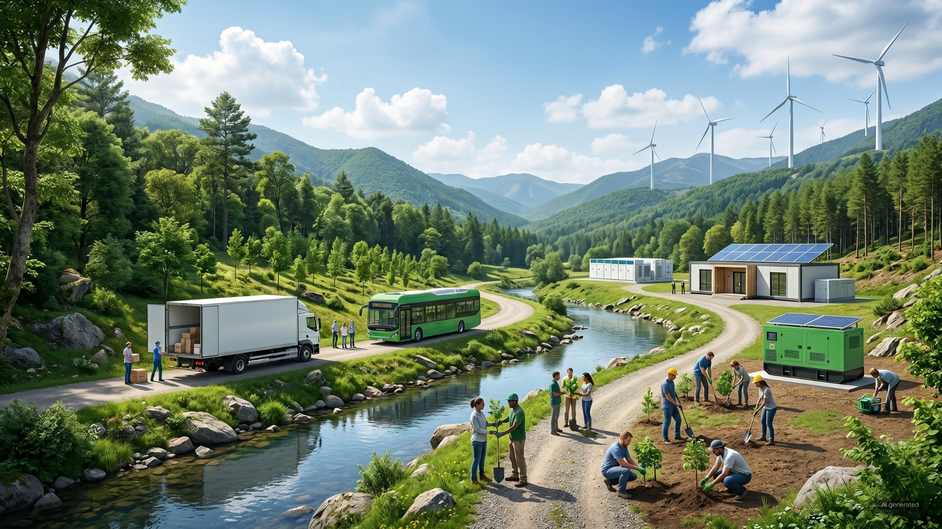 A vibrant scene shows people planting trees alongside a river in a lush, mountainous landscape.