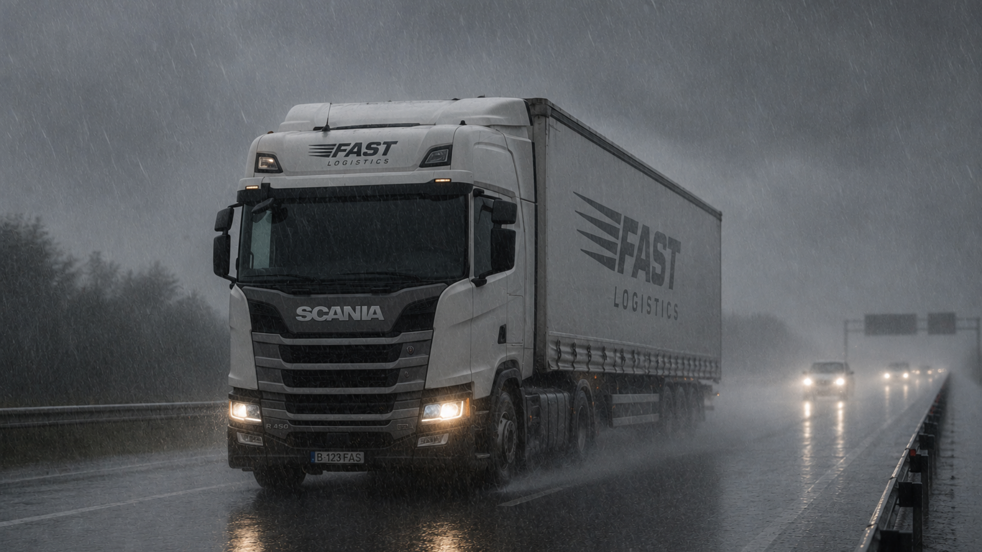 A large white Scania truck with "Fast Logistics" logo drives on a rainy highway.