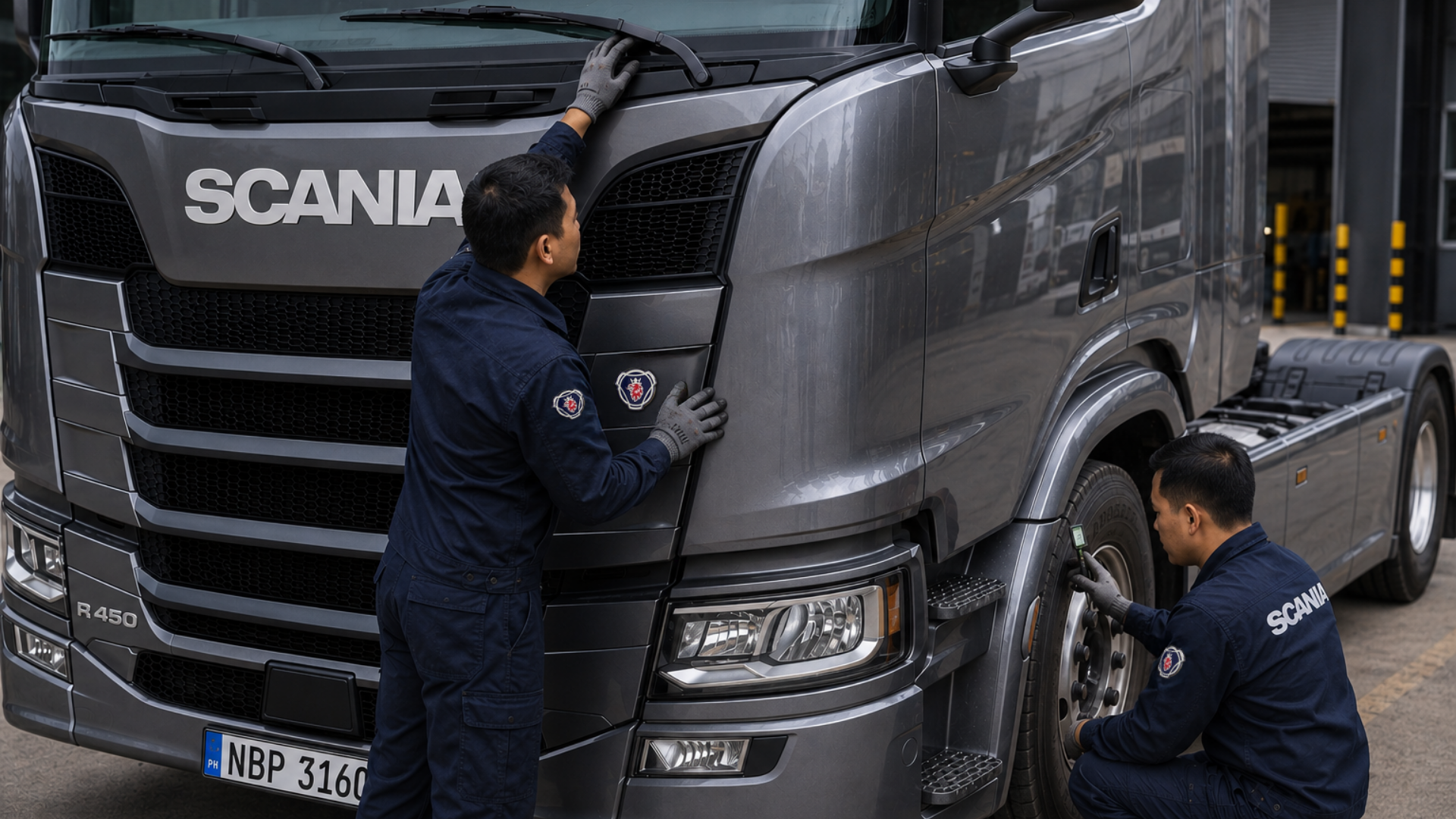 Two mechanics in navy uniforms examine a parked Scania truck.
