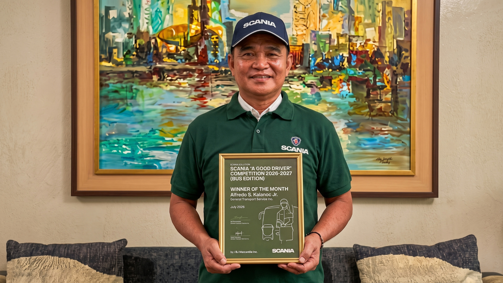 "Alfredo S. Kalanoc Jr. of General Transport Service Inc. wearing a green Scania polo shirt and cap while holding his framed Scania A Good Driver Competition July 2026 award certificate.